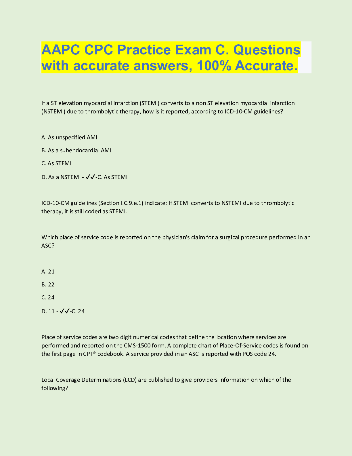 Preview of AAPC CPC Practice Exam C. Questions  with accurate answers, 100% Accurate